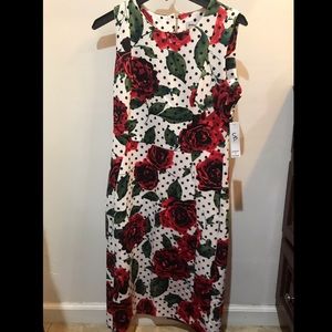 Rose patterned dress with black polka dots